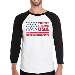 Trust &amp; Love USA Mens Black Raglan T-Shirt 3/4 Sleeve Round Neck