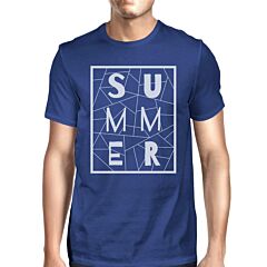 Summer Geometric Lettering Mens Blue Tshirt Cotton Trendy Design