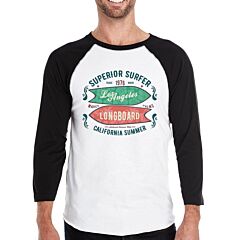 Superior Surfer Los Angeles Longboard Mens Black And White Baseball Shirt