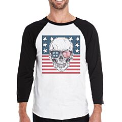 Skull American Flag Mens Black Raglan Shirt 3/4 Sleeve Crewneck