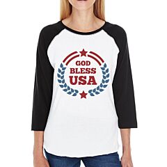 God Bless USA Womens White Baseball Tee 3/4 Sleeve Cotton Shirt