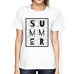 Summer Geometric Lettering Womens White Tshirt Cotton Trendy Design