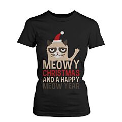 Women's Christmas Graphic Tees - Cute Grumpy Cat Meowy X-mas Black T-shirt