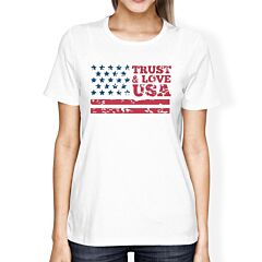 Trust &amp; Love USA American Flag Shirt Womens White Round Neck Tshirt