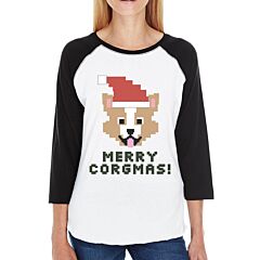 Merry Corgmas Corgi Womens Black And White Baseball Shirt