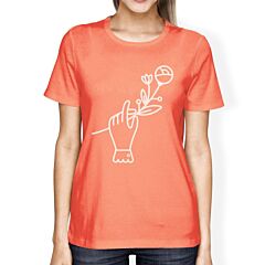 Hand Holding Flower Peach Crewneck Cotton Graphic Shirt For Ladies