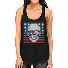 Skull American Flag Womens Black Tank Top Crewneck Line Cotton Tee