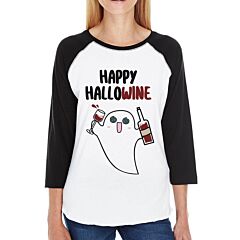 Happy Hallowine Ghost Wine Womens Black And White BaseBall Shirt