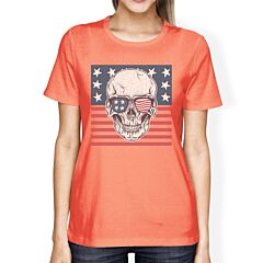 Skull American Flag Tee Womens Peach Round Neck US Army Gifts
