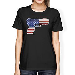 Pistol Shaped American Flag Womens Black T-Shirt For Gun Supporters