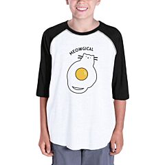 Meowgical Cat And Fried Egg Kids Black And White Baseball Shirt
