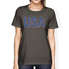 USA With Stars Womens Dark Grey Crewneck Tee Shirt For 4th Of July