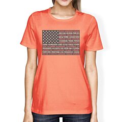 50 States American Flag Shirt Womens Peach Cotton Graphic Tee