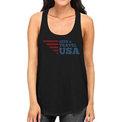 Seek &amp; Travel USA Womens Black Sleeveless Tee Shirt Round Neck Tank