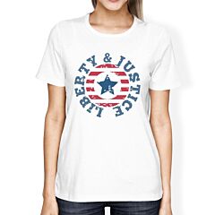 Liberty &amp; Justice American Flag Shirt Womens White 4th Of July Tee