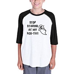 Stop Staring At My Boo-Tee Ghost Kids Black And White BaseBall Shirt
