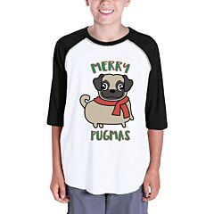 Merry Pugmas Pug Kids Black And White Baseball Shirt