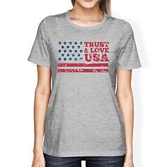 Trust &amp; Love USA American Flag Shirt Womens Grey Round Neck Tshirt