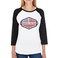 Respect The USA Womens Black Baseball Shirt 3/4 Sleeve Crew Neck