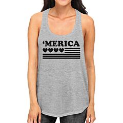 'Merica Womens Black Heart American Flag Design Grey Racerback Tank