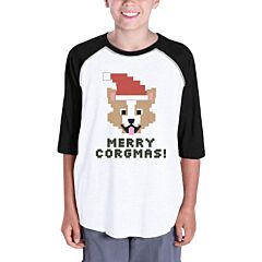 Merry Corgmas Corgi Kids Black And White Baseball Shirt