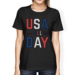 USA All Day Womens Black Cotton Crewneck Independence Day T-Shirt