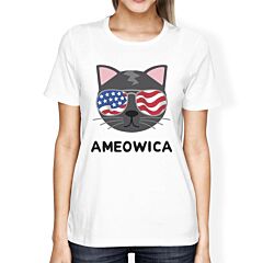 Ameowica Womens White Cat Design Tee Unique Design T-Shirt For Her