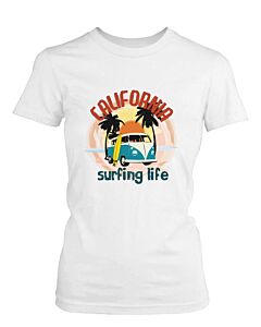 California Surfing Life Graphic Women's T-shirt Sunset Palm Tree Mini Van Tee