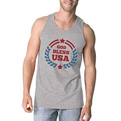 God Bless USA Mens Grey Cotton Tank Top Independence Day Gift Idea