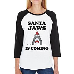 Santa Jaws Is Coming Womens Black And White Baseball Shirt