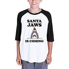 Santa Jaws Is Coming Kids Black And White Baseball Shirt