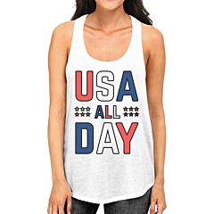 USA All Day Women White Cotton Tank Top Cute 4th Of July Design