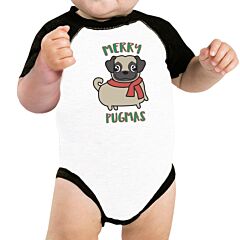 Merry Pugmas Pug Baby Black And White Baseball Shirt