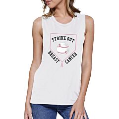 Strike Out Breast Cancer Baseball Womens White Muscle Top