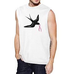 Pink Ribbon And Swallows Birds Mens White Muscle Top