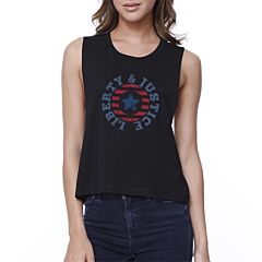 Liberty &amp; Justice Womens Black Sleeveless Tee 4th Of July Crop Tee