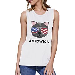 Ameowica Womens White 4th Of July Muscle Tank Top For Cat Lovers