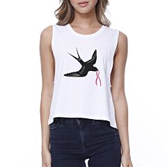 Pink Ribbon And Swallows Birds Womens White Crop Top