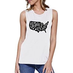 I Love USA Map Cute Womens Muscle Top Unique Fourth Of July Tanks