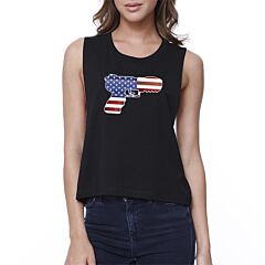 Pistol American Flag Womens Black Crop Tee Gifts For Gun Supporters