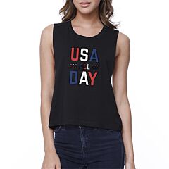 USA All Day Womens Black Crop Top Cute 4th of July Womens Crop Tee