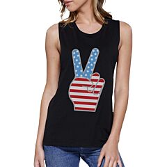 American Flag Cute Peace Sign 4th Of July Women Black Muscle Tee