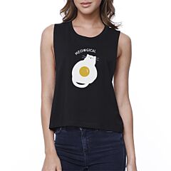 Meowgical Cat And Fried Egg Womens Black Crop Top