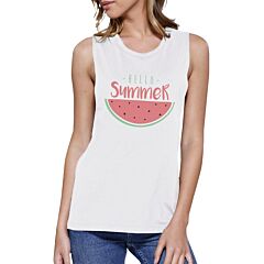 Hello Summer Watermelon Womens White Muscle Top