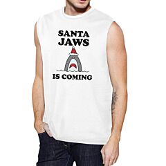 Santa Jaws Is Coming Mens White Muscle Top