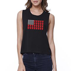 Beer Pong Flag Funny 4th of July Shirt Womens Black Cotton Crop Tee