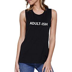Adult-ish Womens Black Muscle Top Letter Printed Sleeveless Top