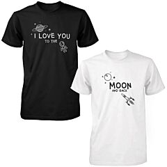I Love You to the Moon and Back Cute Couple T-Shirts Black and White Matching Tees