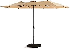 15 Ft Outdoor Umbrella Double-sided Patio Market Umbrella With Base, Crank, 100% Polyester Canopy - Beige