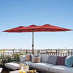 15 Ft Outdoor Umbrella Double-sided Patio Market Umbrella With Base, Crank, 100% Polyester Canopy - Red